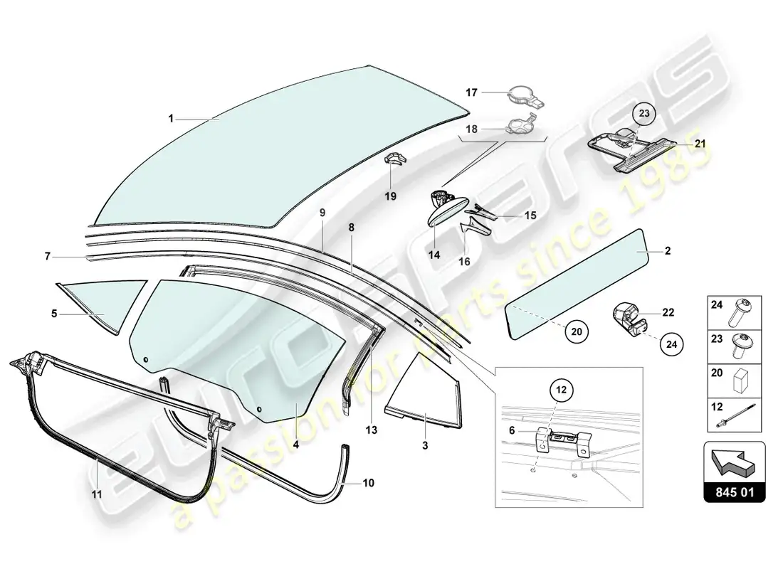 lamborghini countach lpi 800-4 (2022) vidrios de ventanas diagrama de piezas