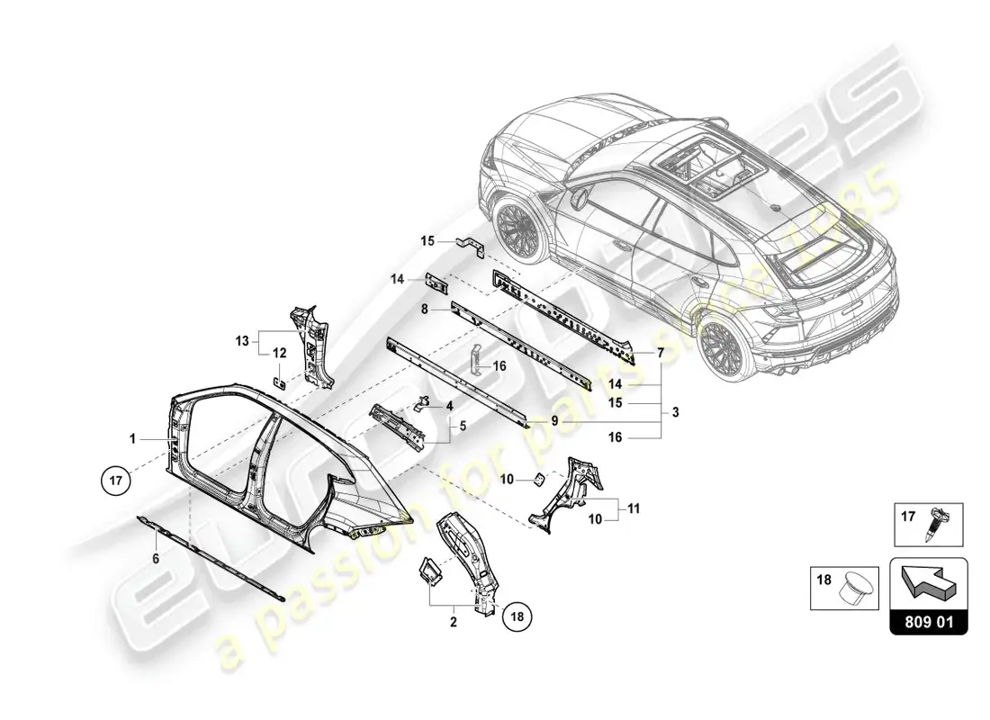lamborghini urus (2019) cuerpo izquierdo diagrama de piezas