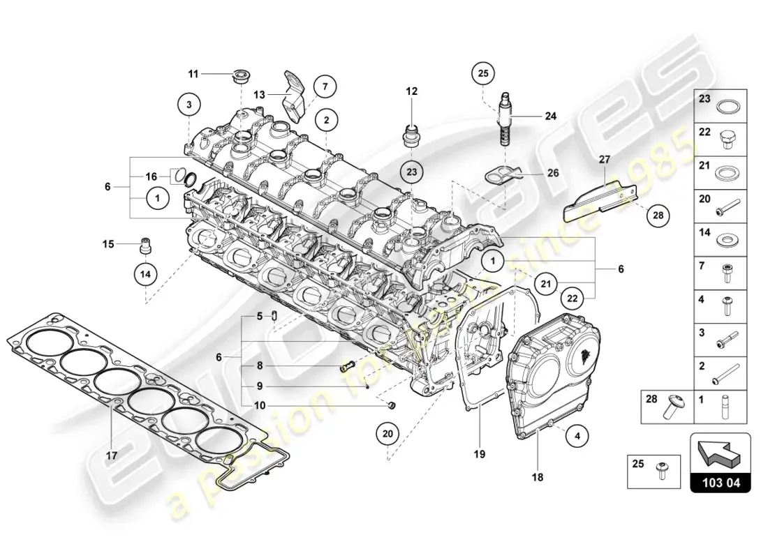 lamborghini ultimae roadster (2022) culata con espárragos y manguitos de centrado esquema de piezas