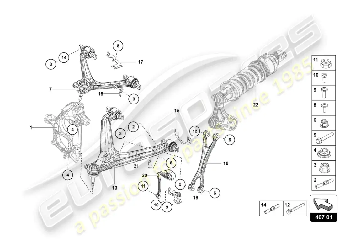 lamborghini countach lpi 800-4 (2022) suspensión delantera diagrama de piezas