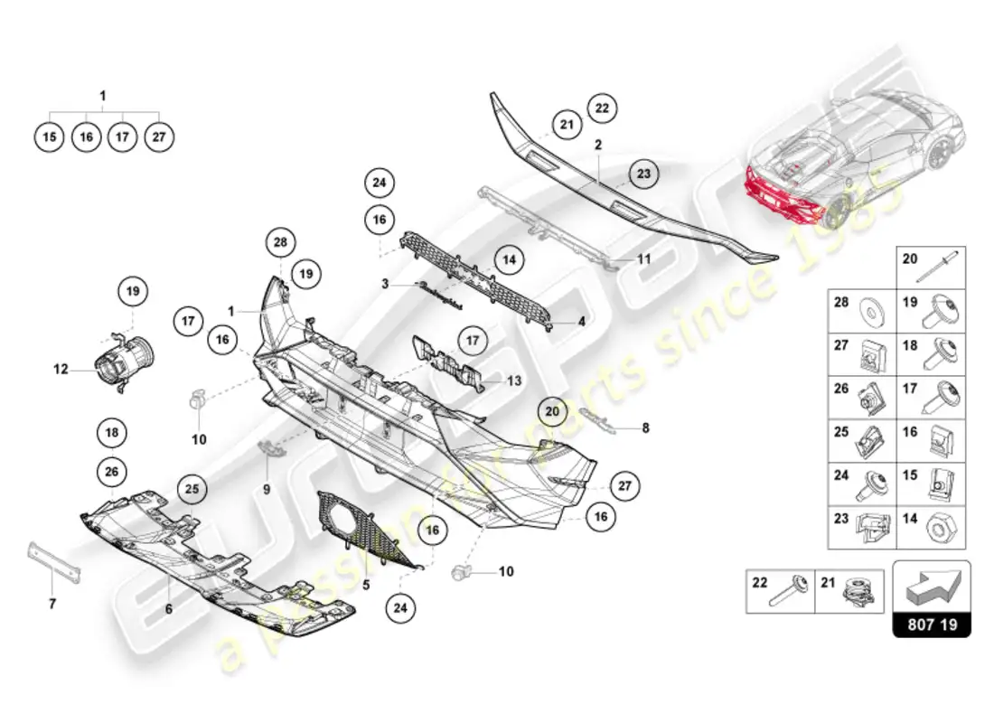 lamborghini tecnica (2024) parachoques trasero diagrama de piezas