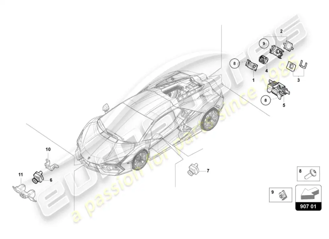lamborghini revuelto coupe (2024) cámara ambiente del vehículo diagrama de piezas