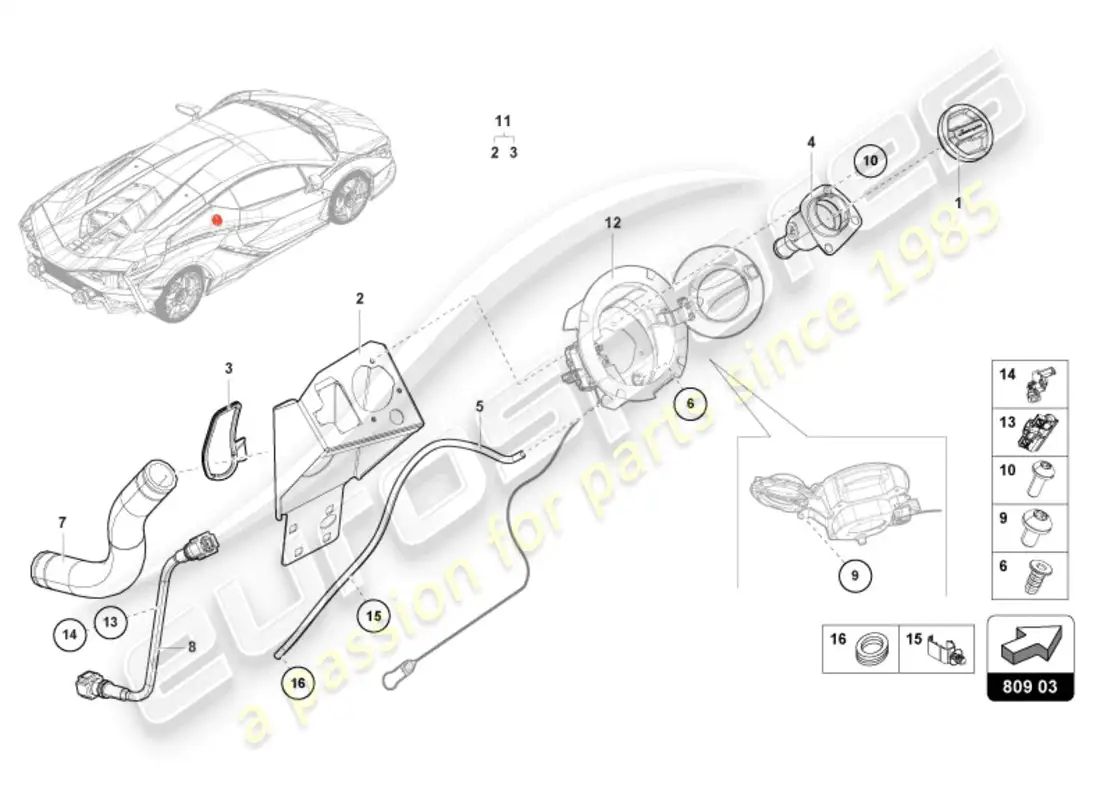 lamborghini sian roadster (2021) cuello de llenado de combustible diagrama de piezas