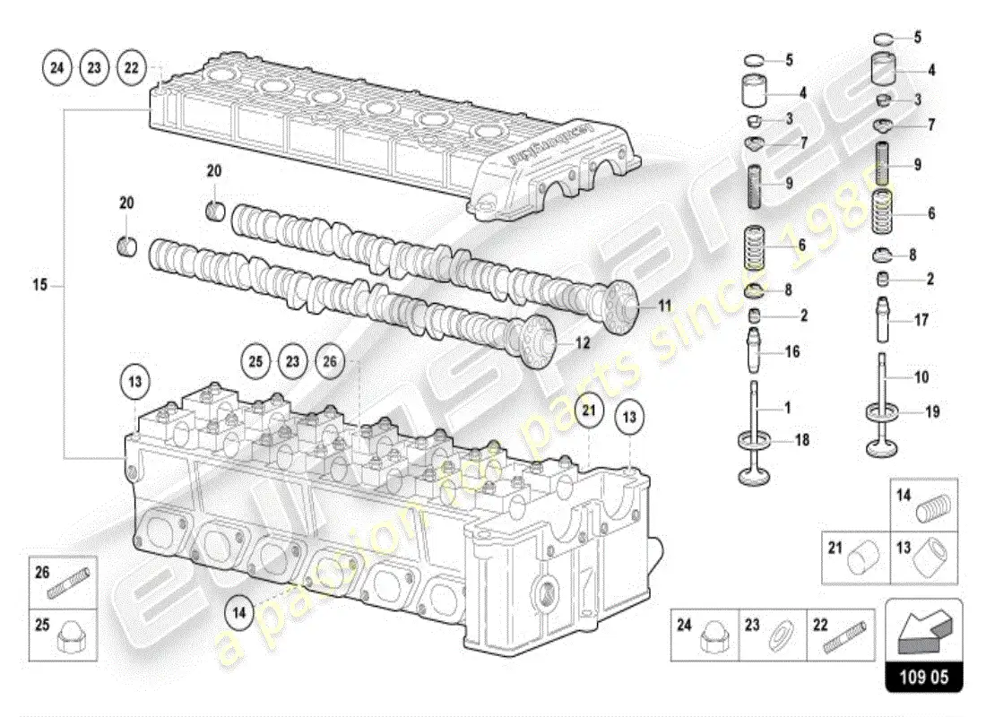 lamborghini diablo vt (1997) árbol de levas de cabeza derecha diagrama de piezas