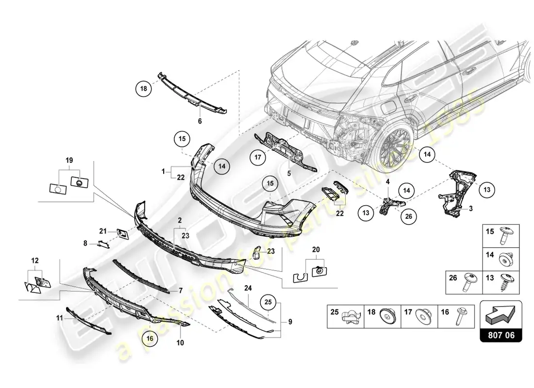 lamborghini urus (2019) parachoques trasero completo diagrama de piezas