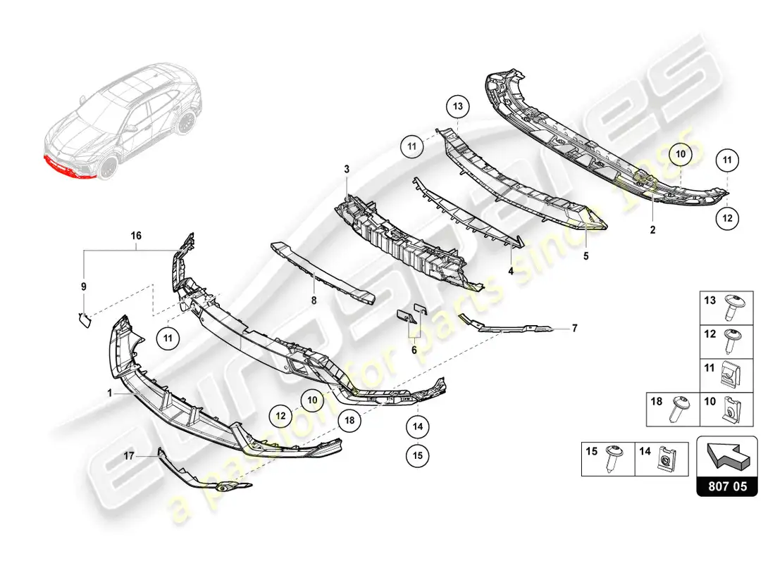 lamborghini urus (2019) parachoques, carbono completo diagrama de piezas