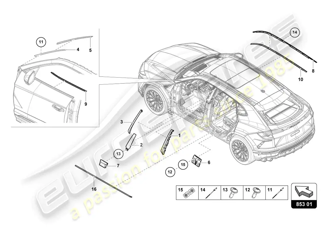 lamborghini urus (2022) molduras diagrama de piezas