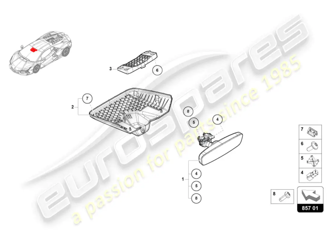 lamborghini revuelto coupe (2024) espejo interior diagrama de piezas