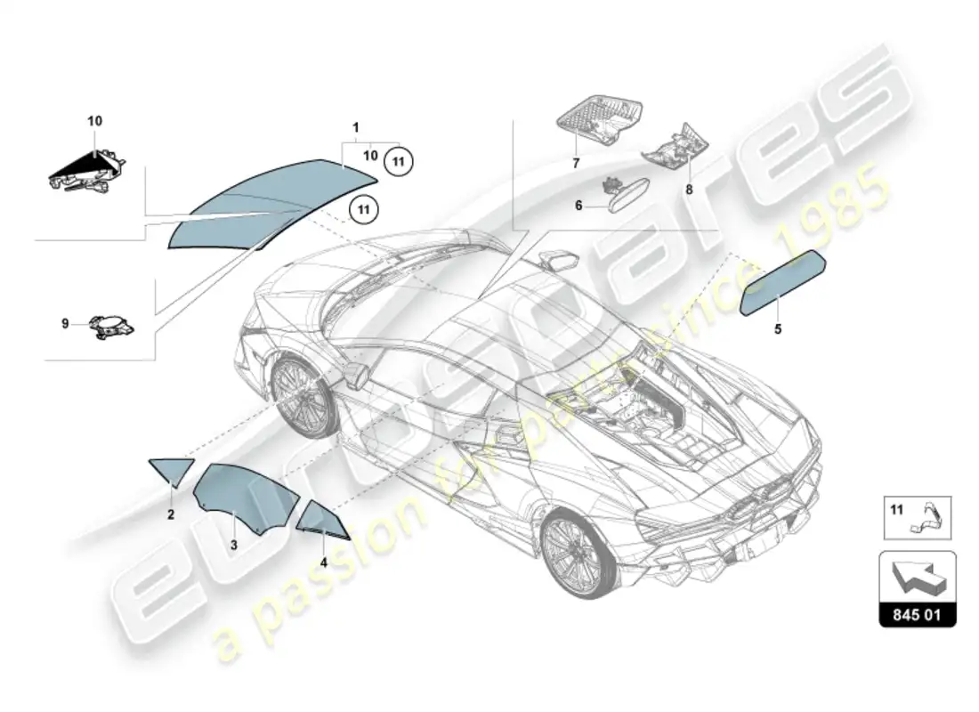 lamborghini revuelto coupe (2024) vidrios de ventanas diagrama de piezas