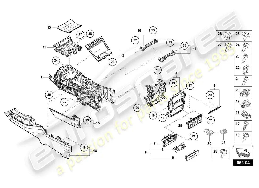 lamborghini urus (2022) consola central inferior diagrama de piezas