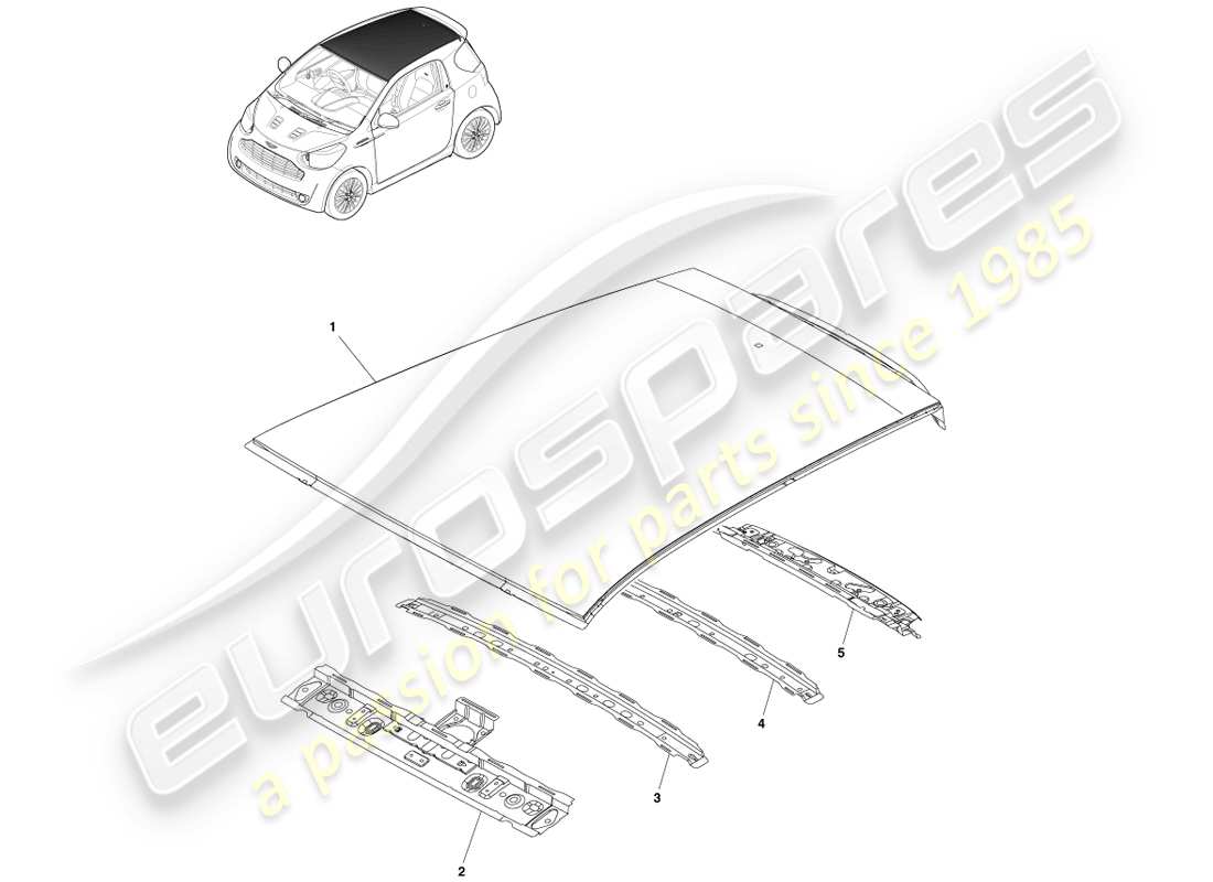 aston martin cygnet (2012) diagrama de piezas de techo y travesaños