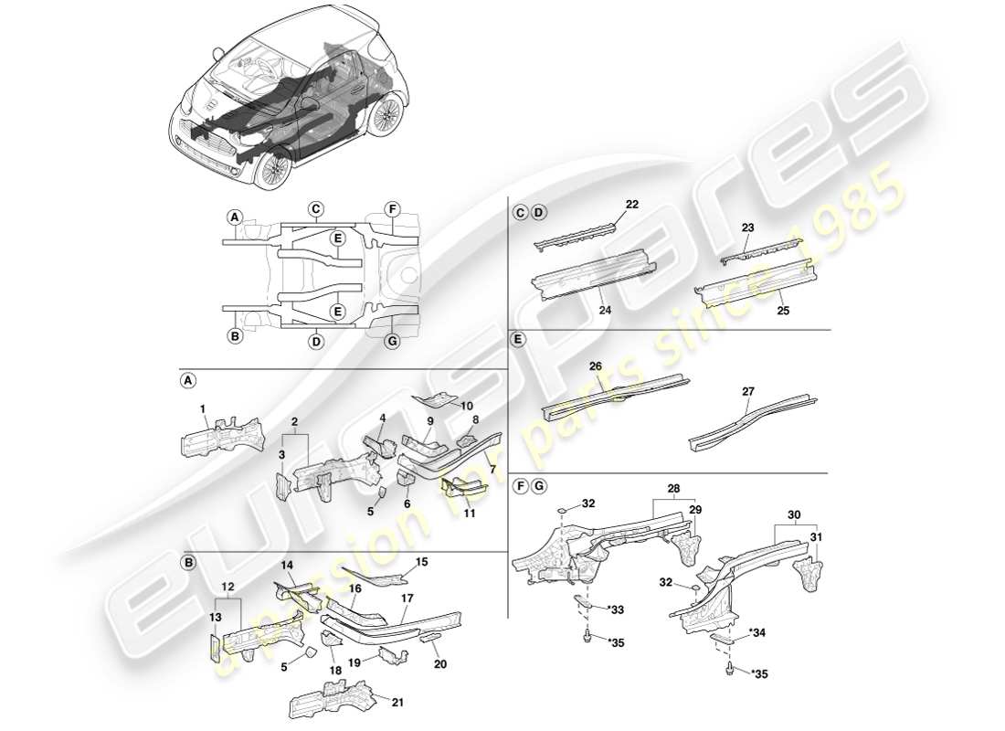 aston martin cygnet (2012) diagrama de piezas de los largueros del piso