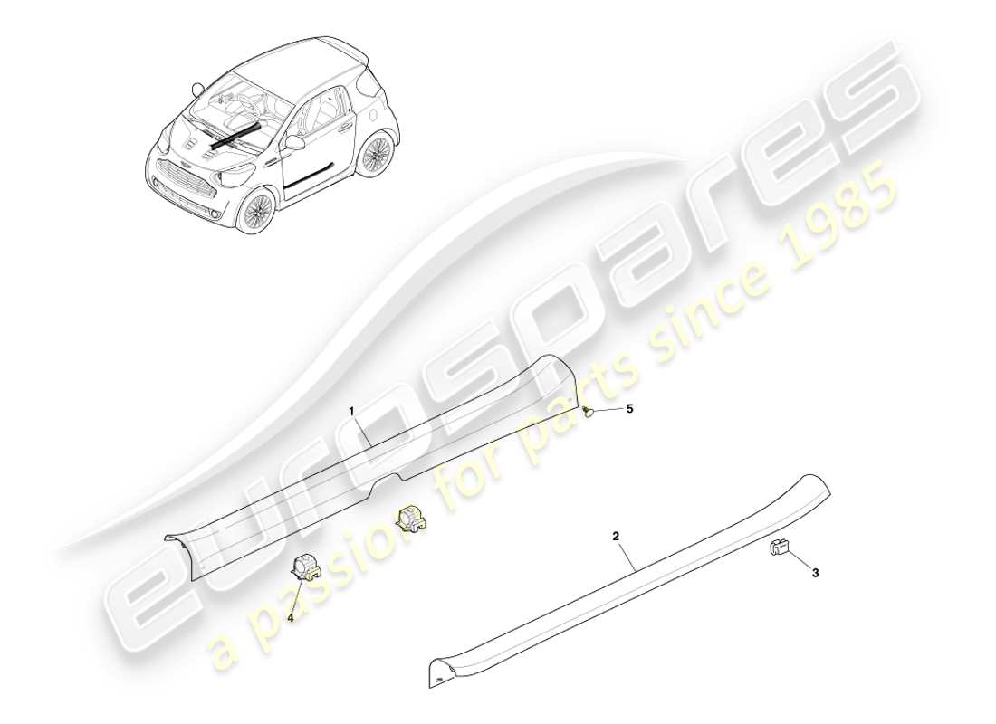 aston martin cygnet (2012) diagrama de piezas de ornamentación y molduras de alféizar