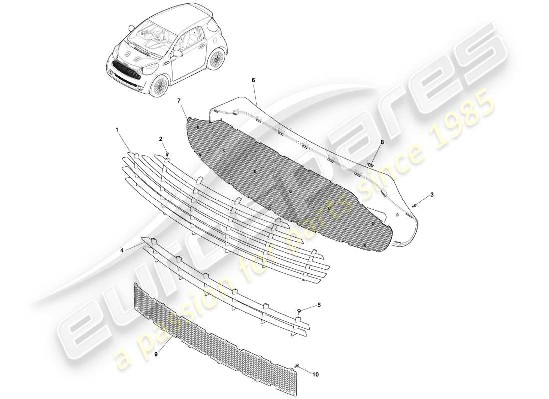 aston martin cygnet (2012) diagrama de piezas de la parrilla del radiador
