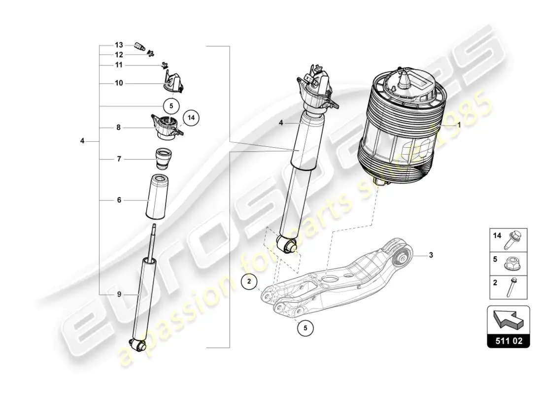 lamborghini urus (2022) amortiguador trasero diagrama de piezas
