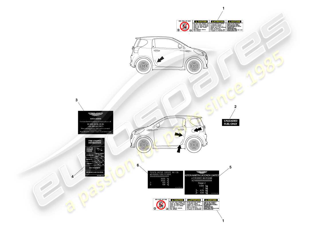 aston martin cygnet (2012) diagrama de piezas de etiquetas exteriores
