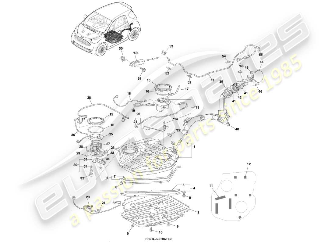 aston martin cygnet (2012) diagrama de piezas del conjunto del tanque de combustible