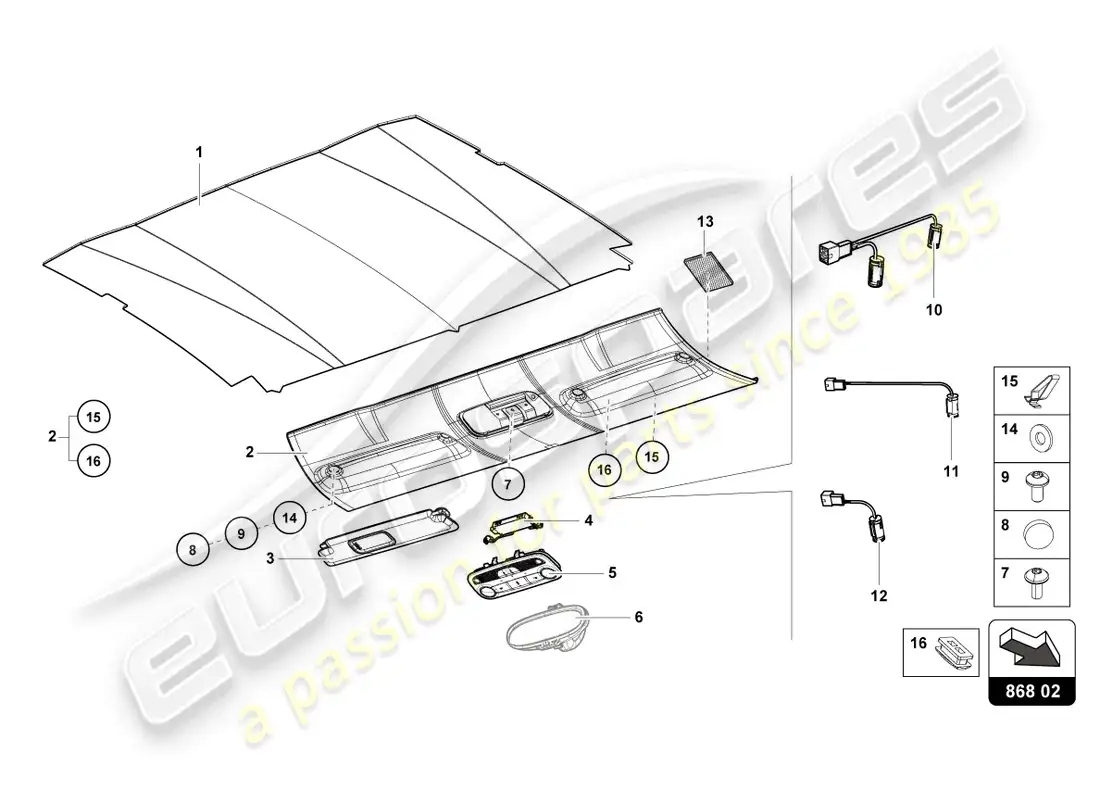 lamborghini tecnica (2024) adorno del techo diagrama de piezas