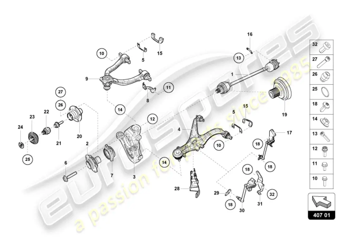 lamborghini evo spyder (2024) eje delantero diagrama de piezas