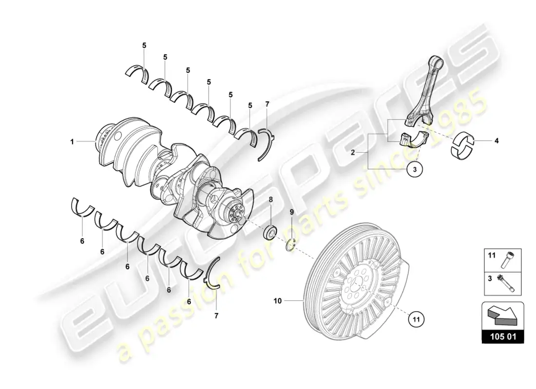 lamborghini evo spyder (2022) cigüeñal con cojinetes diagrama de piezas
