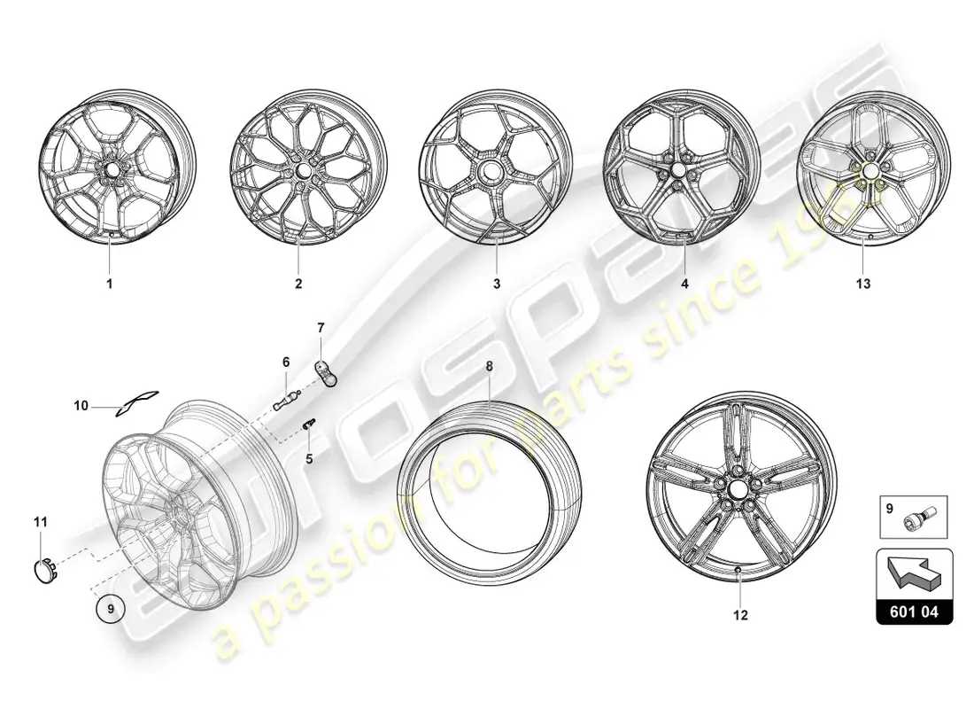 lamborghini evo spyder (2022) ruedas/neumáticos trasero diagrama de piezas