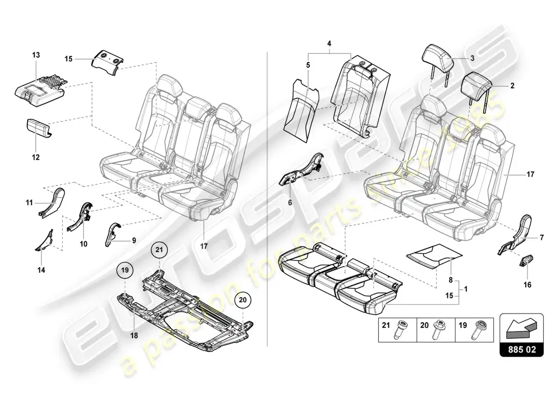 lamborghini urus (2022) banco (3-seater) diagrama de piezas