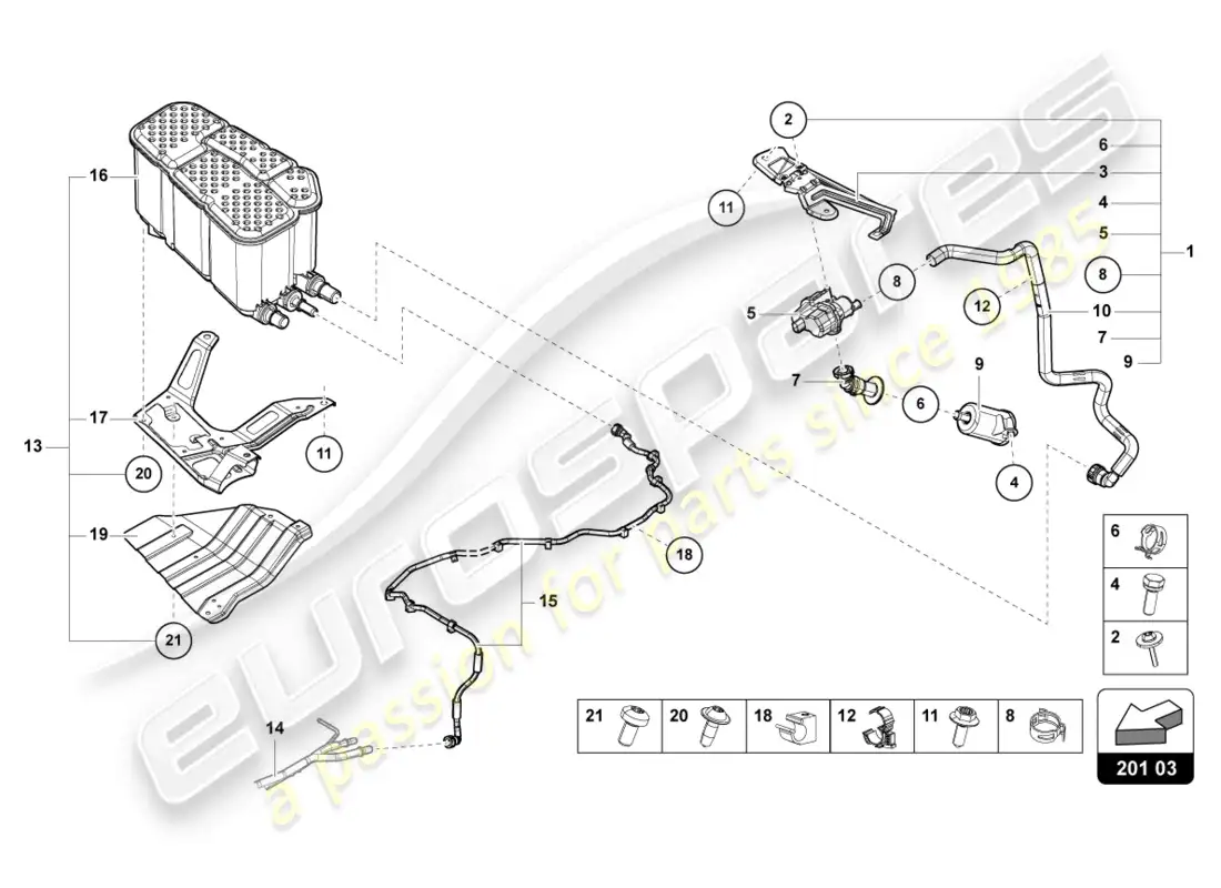 lamborghini urus s (2024) filtro de carbón activo con bomba de diagnóstico para sistema de envío de combustible diagrama de piezas