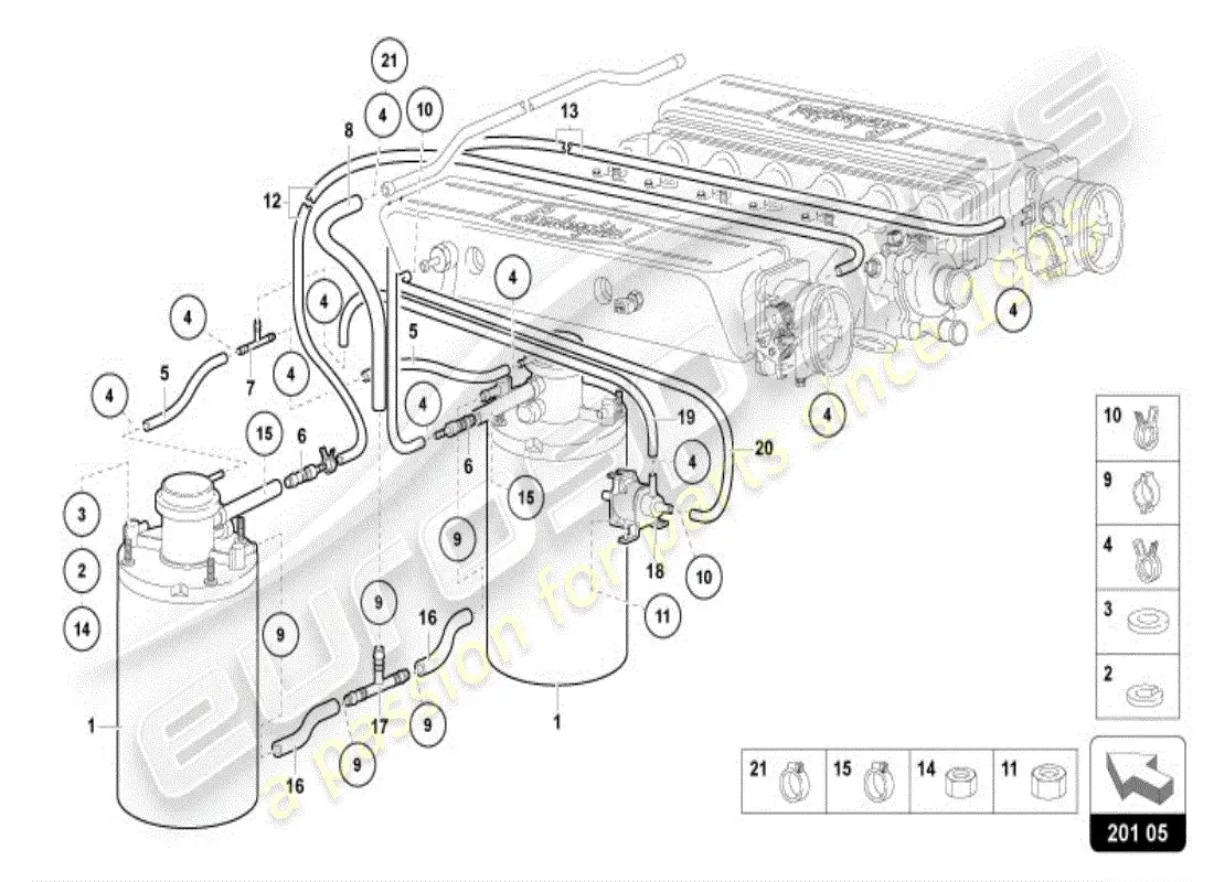 lamborghini diablo vt (1996) sistema de filtro de carbón activado diagrama de piezas