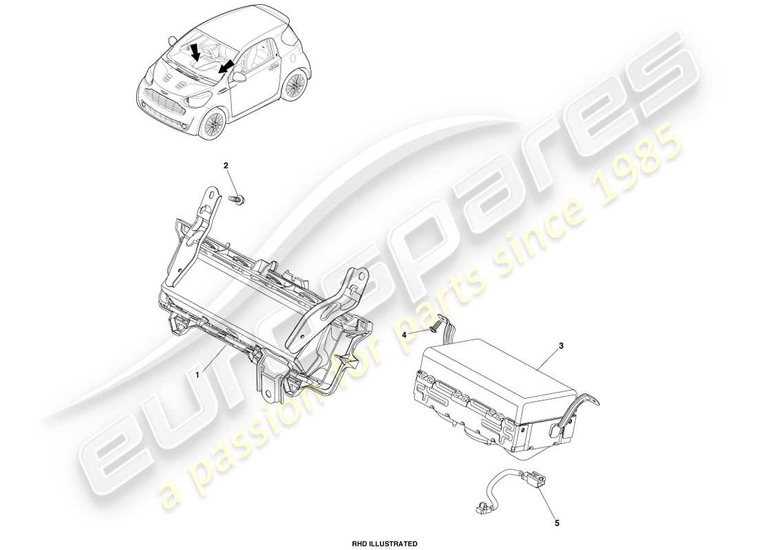 aston martin cygnet (2012) diagrama de piezas de la unidad de cubierta y bolsa de aire del pasajero