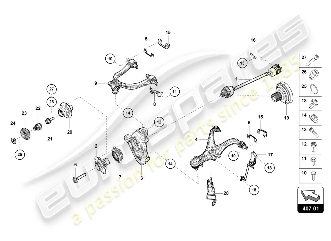 lamborghini evo coupe (2023) eje delantero diagrama de piezas