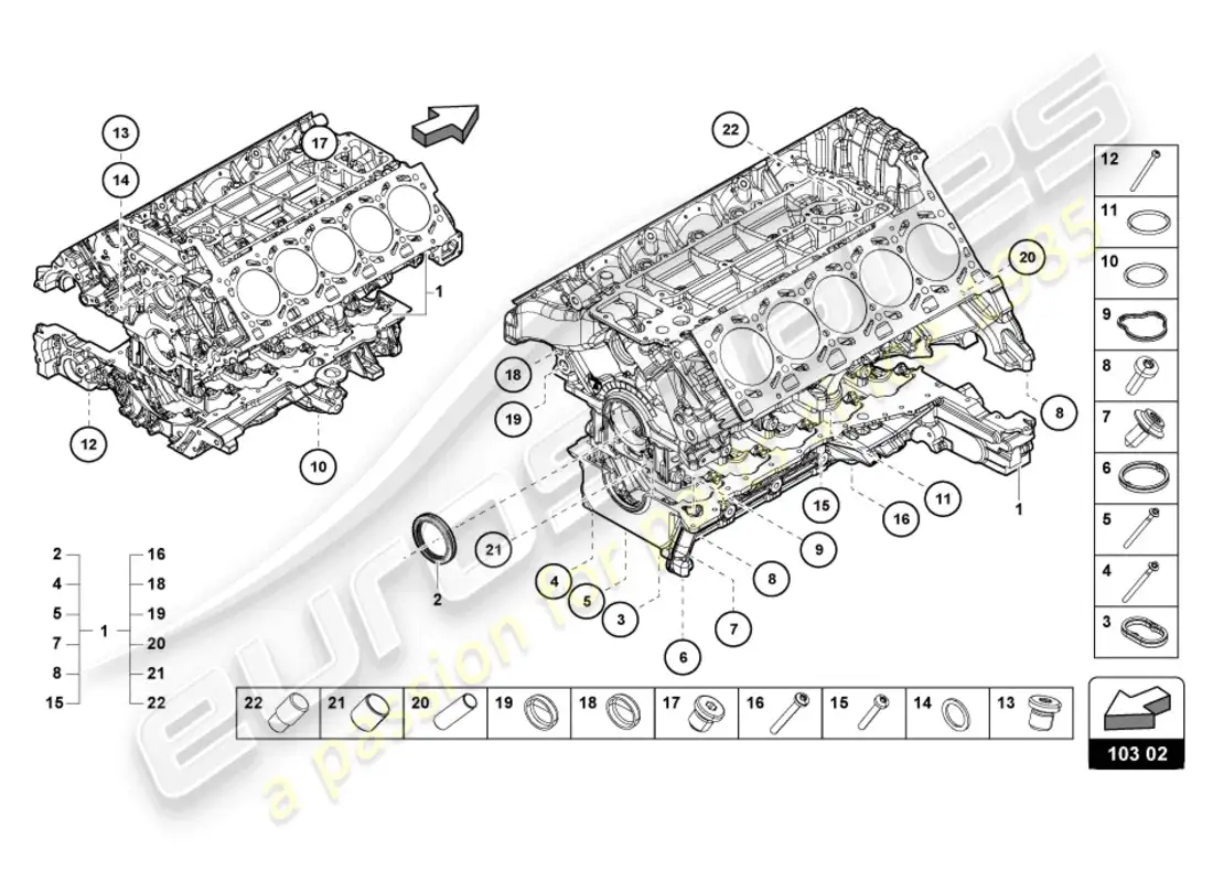 lamborghini evo spyder (2021) bloque de motor diagrama de piezas