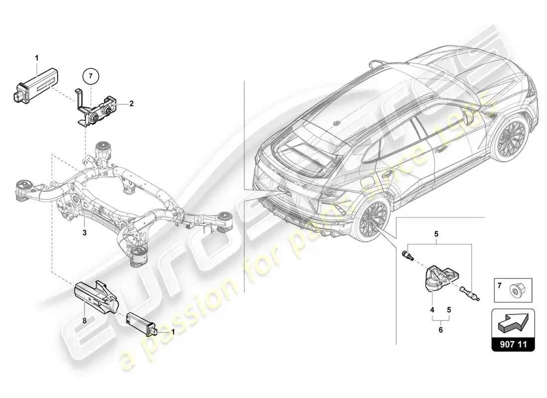 lamborghini urus s (2023) diagrama de piezas del sensor de presión de neumáticos