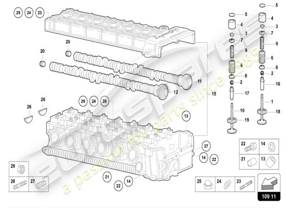 lamborghini diablo vt (1999) árbol de levas de cabeza izquierda diagrama de piezas
