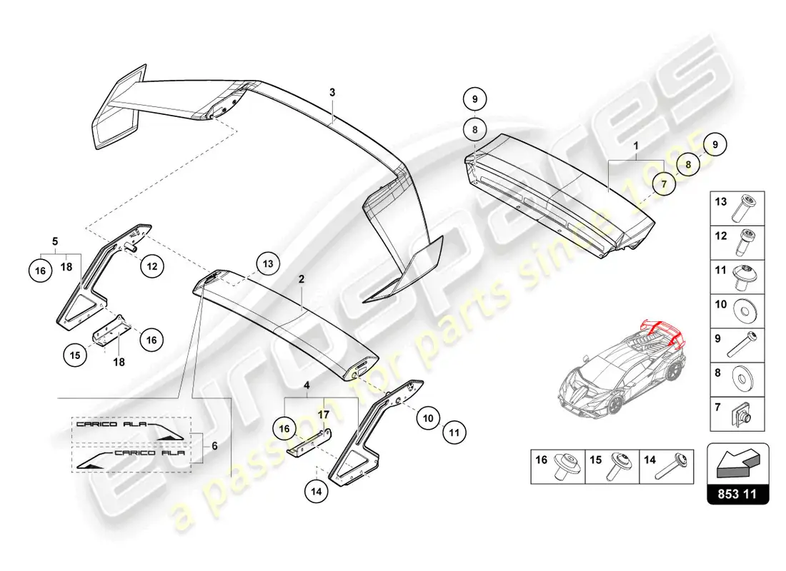lamborghini sto (2022) alerón trasero diagrama de piezas