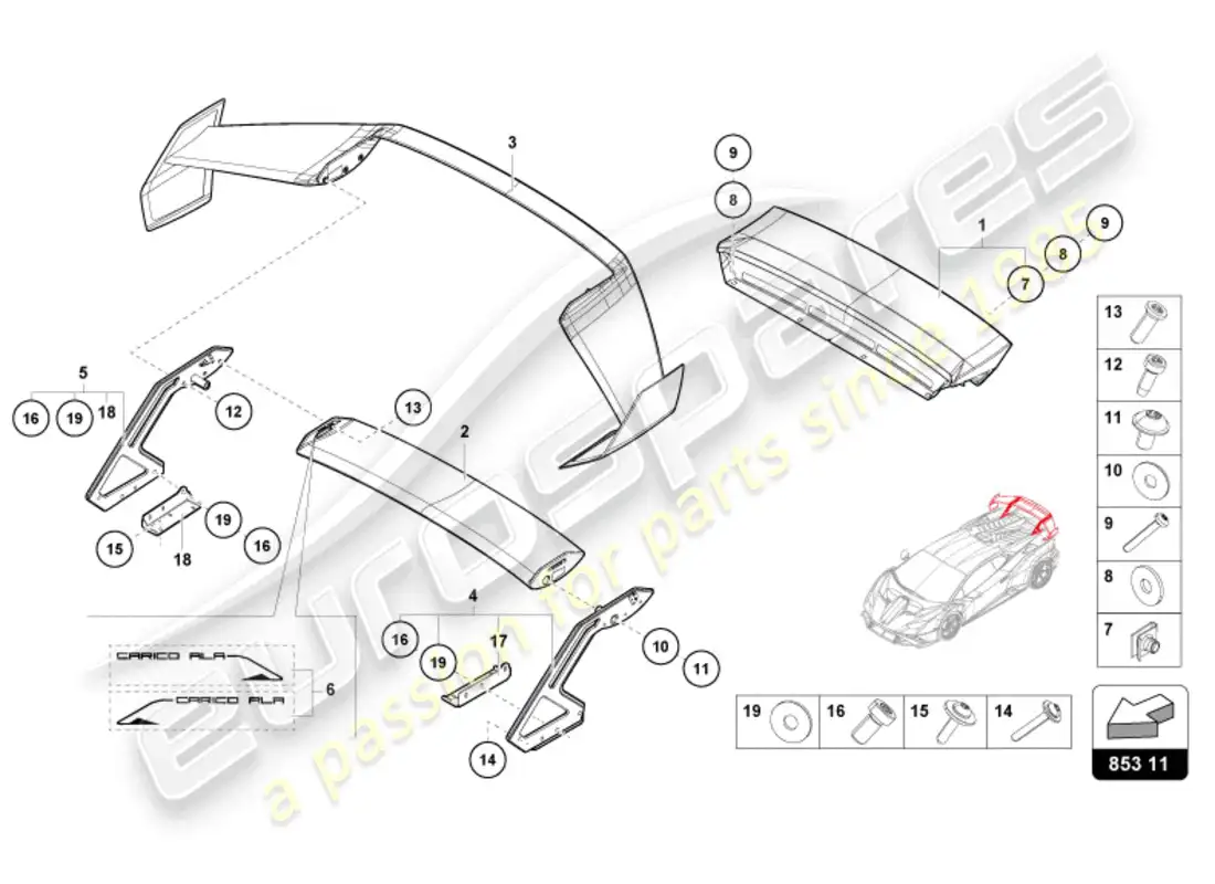lamborghini sto (2023) alerón trasero diagrama de piezas