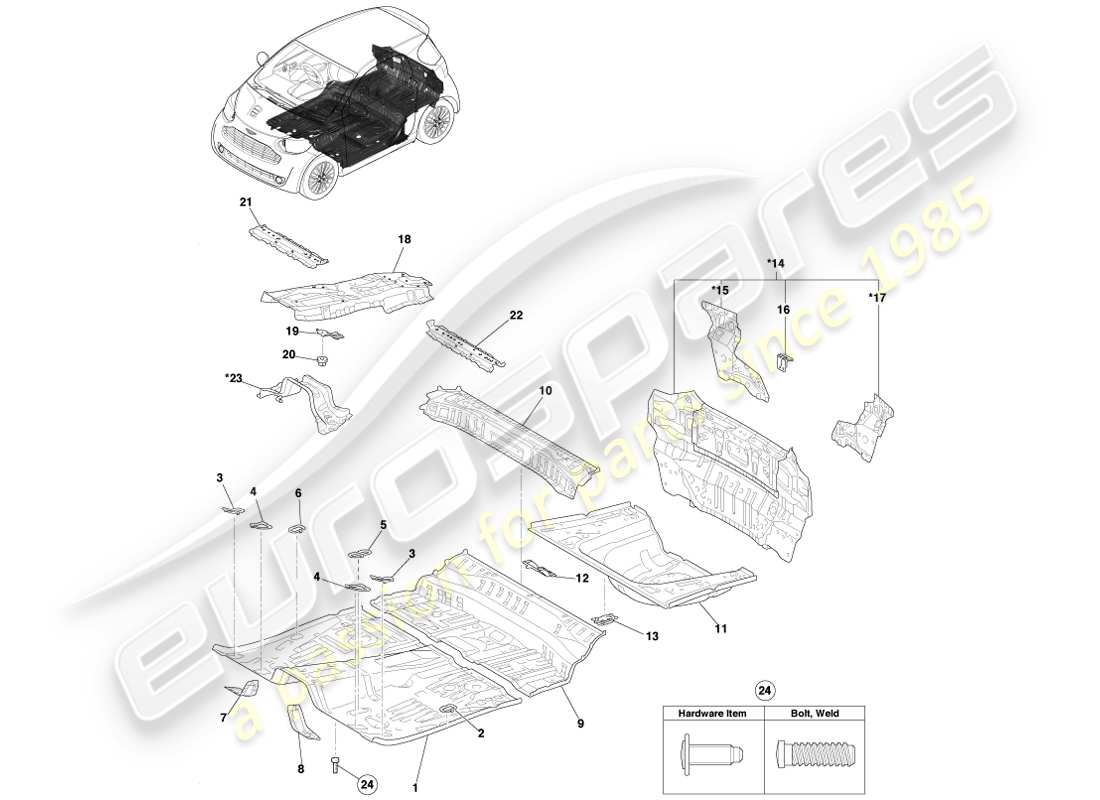 aston martin cygnet (2012) diagrama de piezas del panel del piso y del panel trasero inferior