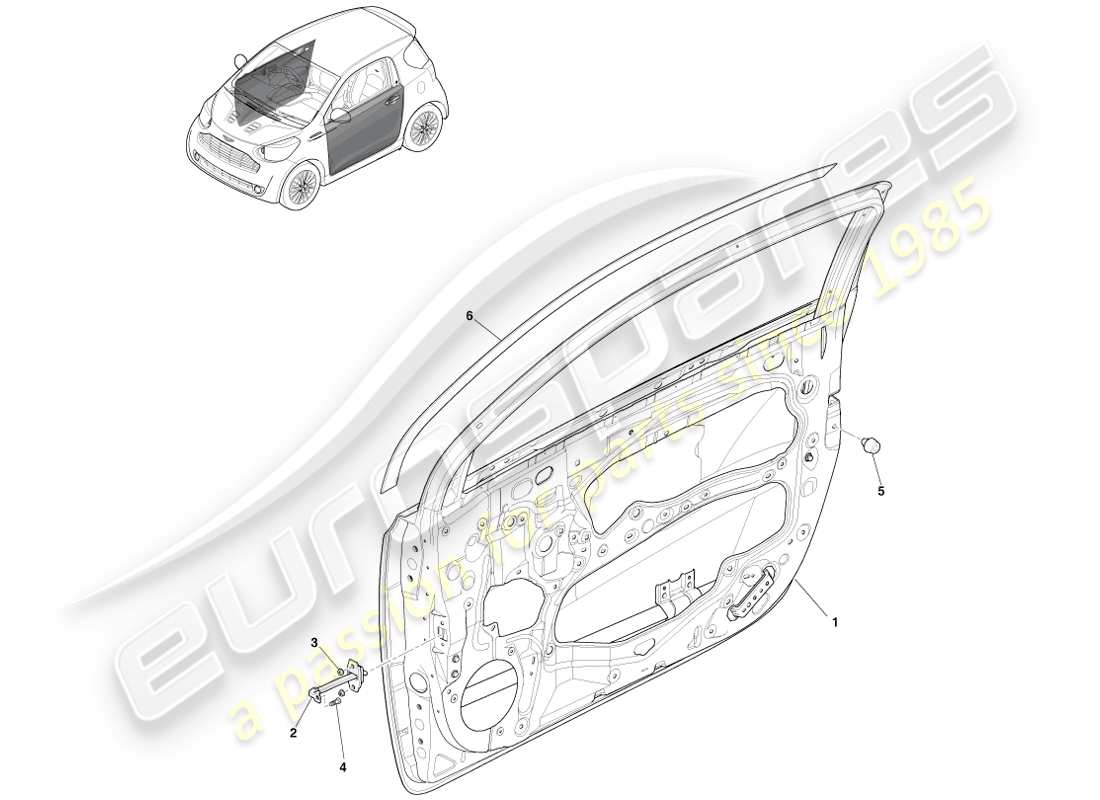 aston martin cygnet (2012) diagrama de piezas de las puertas laterales delanteras
