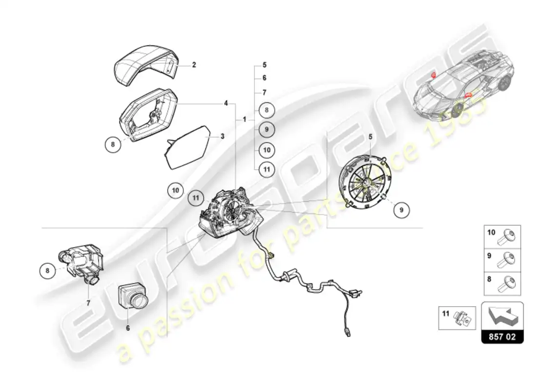 lamborghini revuelto coupe (2024) espejo exterior diagrama de piezas