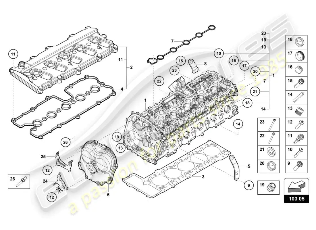 lamborghini tecnica (2023) culata completa derecha diagrama de piezas