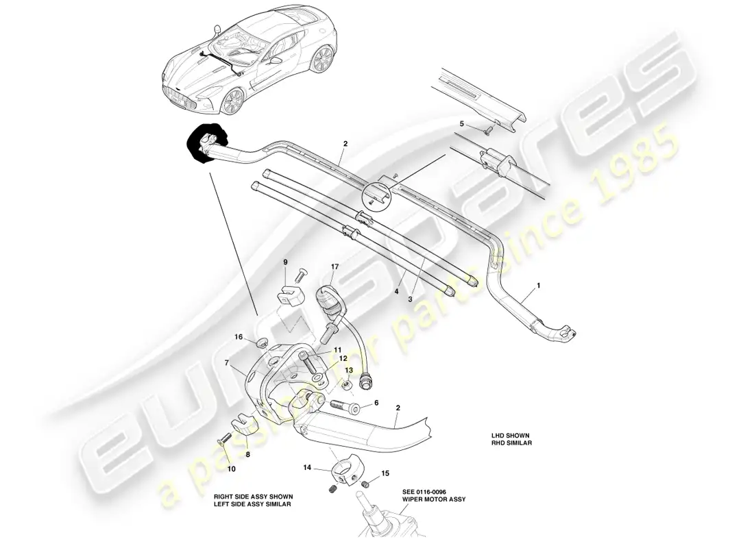 aston martin one-77 (2011) conjunto de escobilla de limpiaparabrisas diagrama de piezas