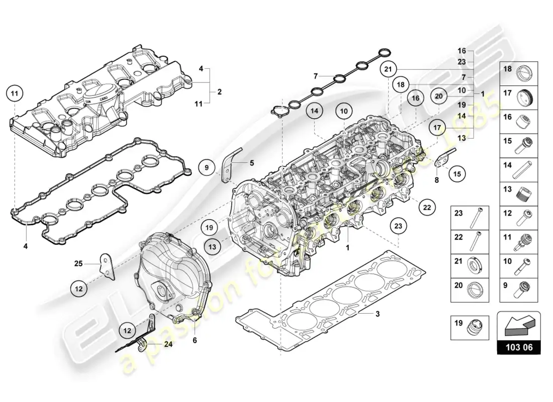 lamborghini tecnica (2023) culata completa izquierda diagrama de piezas