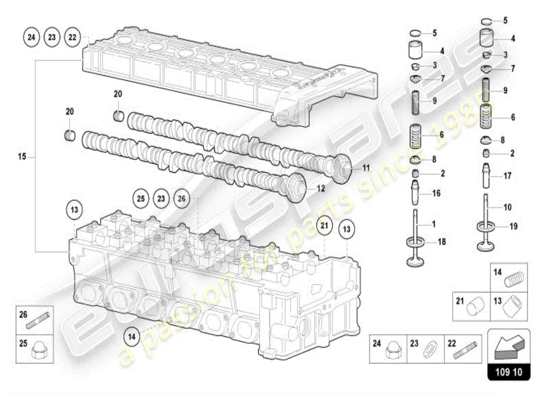 lamborghini diablo vt (1999) árbol de levas de cabeza derecha diagrama de piezas