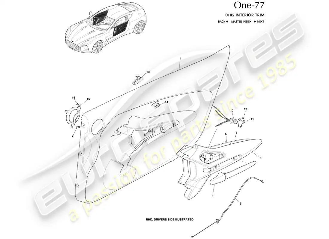 aston martin one-77 (2011) revestimiento de las puertas diagrama de piezas