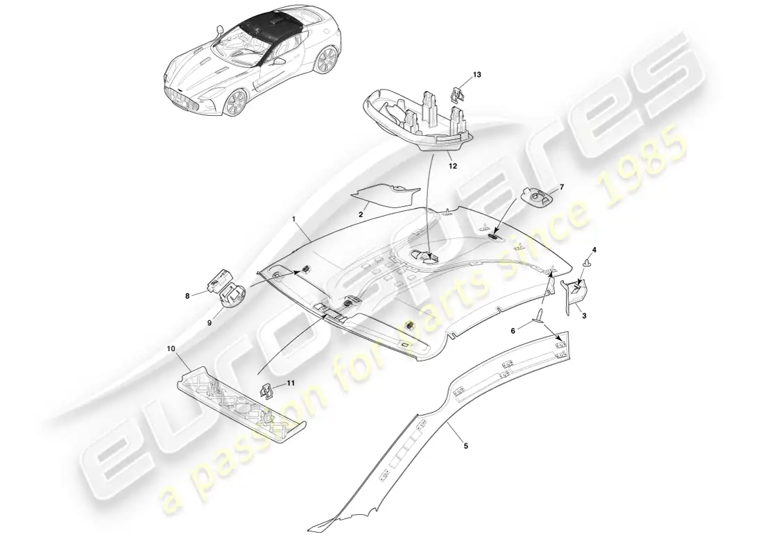 aston martin one-77 (2011) revestimiento del techo y del pilar diagrama de piezas