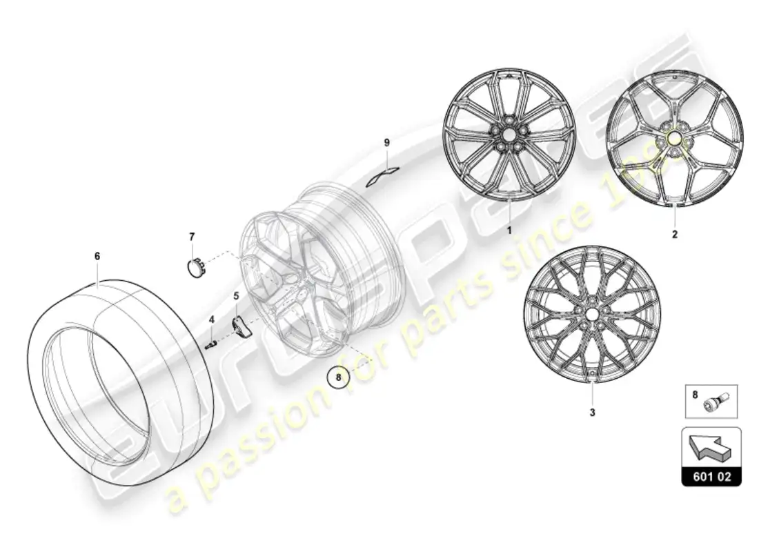 lamborghini revuelto coupe (2024) ruedas/neumáticos trasero diagrama de piezas