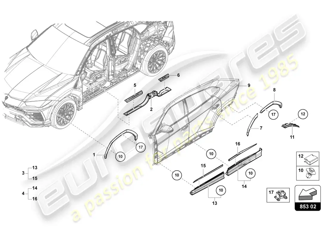 lamborghini urus (2022) tira de embellecedor de umbral diagrama de piezas