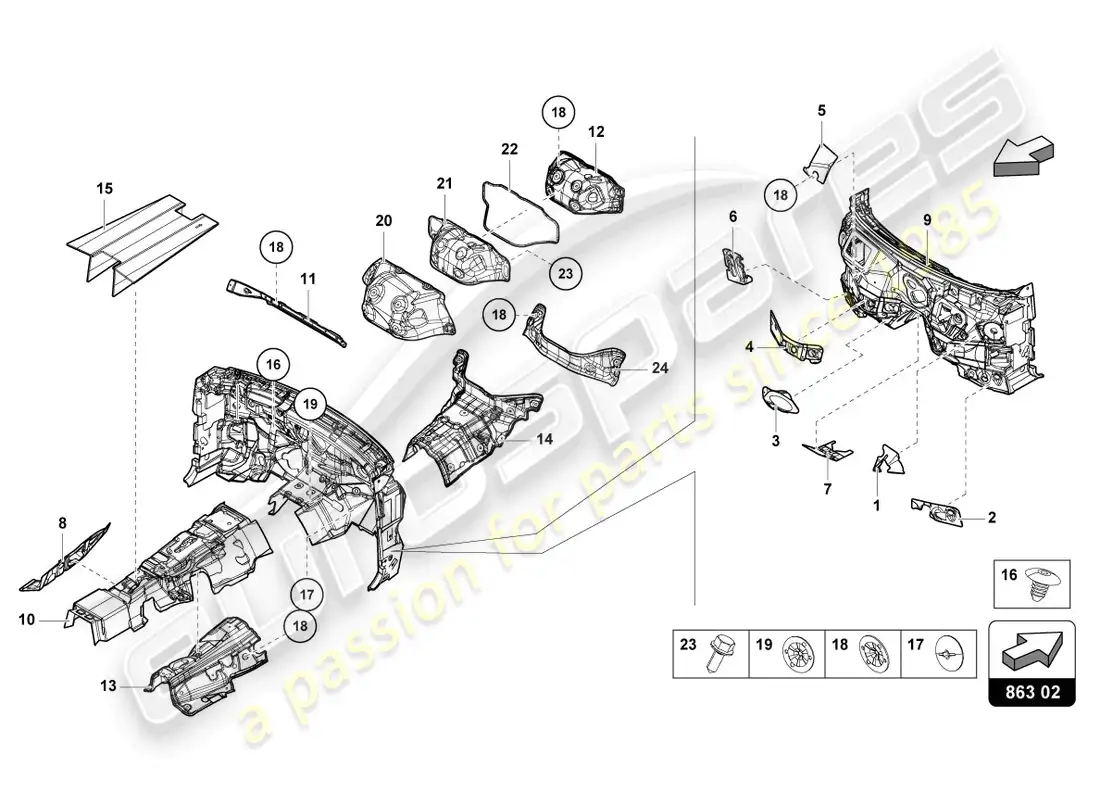 lamborghini urus (2022) absorbedor de suelo, mamparas y túnel diagrama de piezas