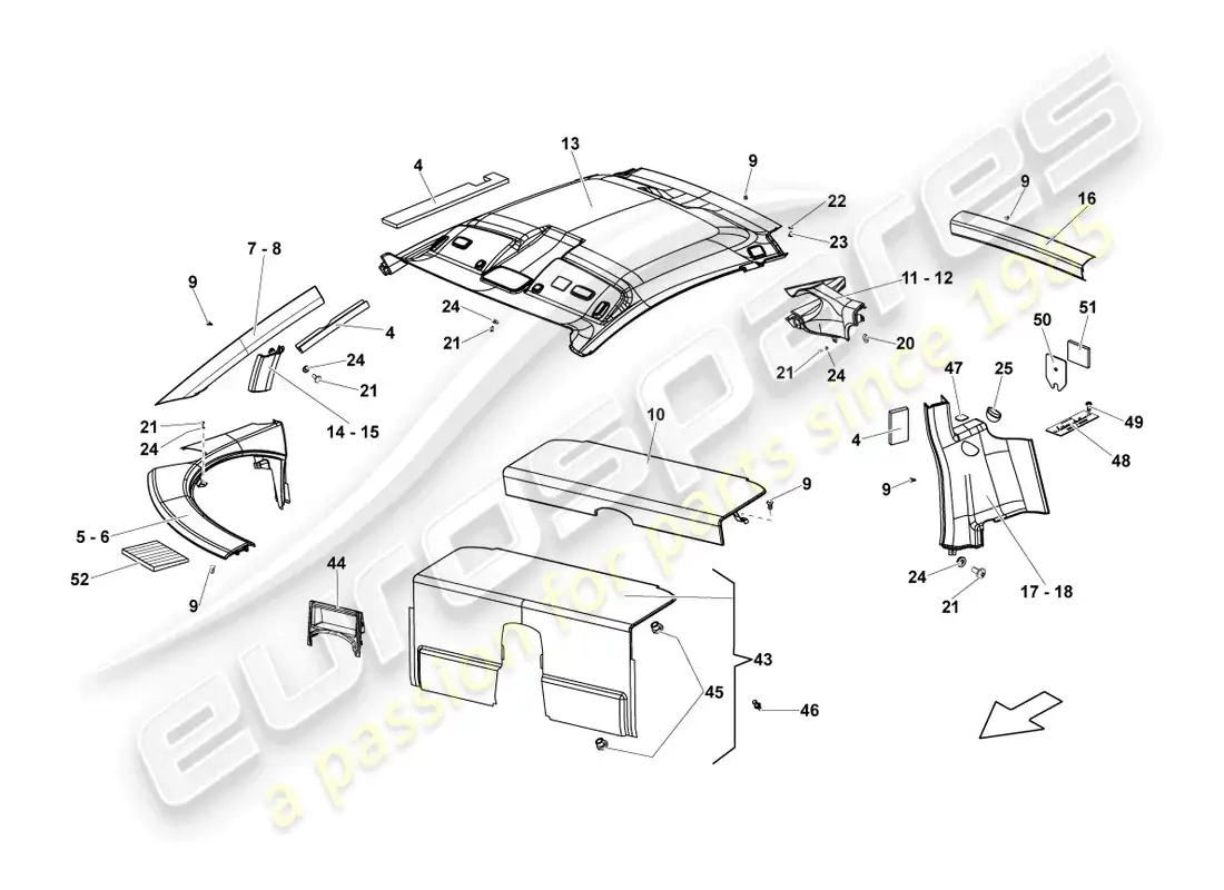 lamborghini gallardo coupe (2006) techo moldeado diagrama de piezas