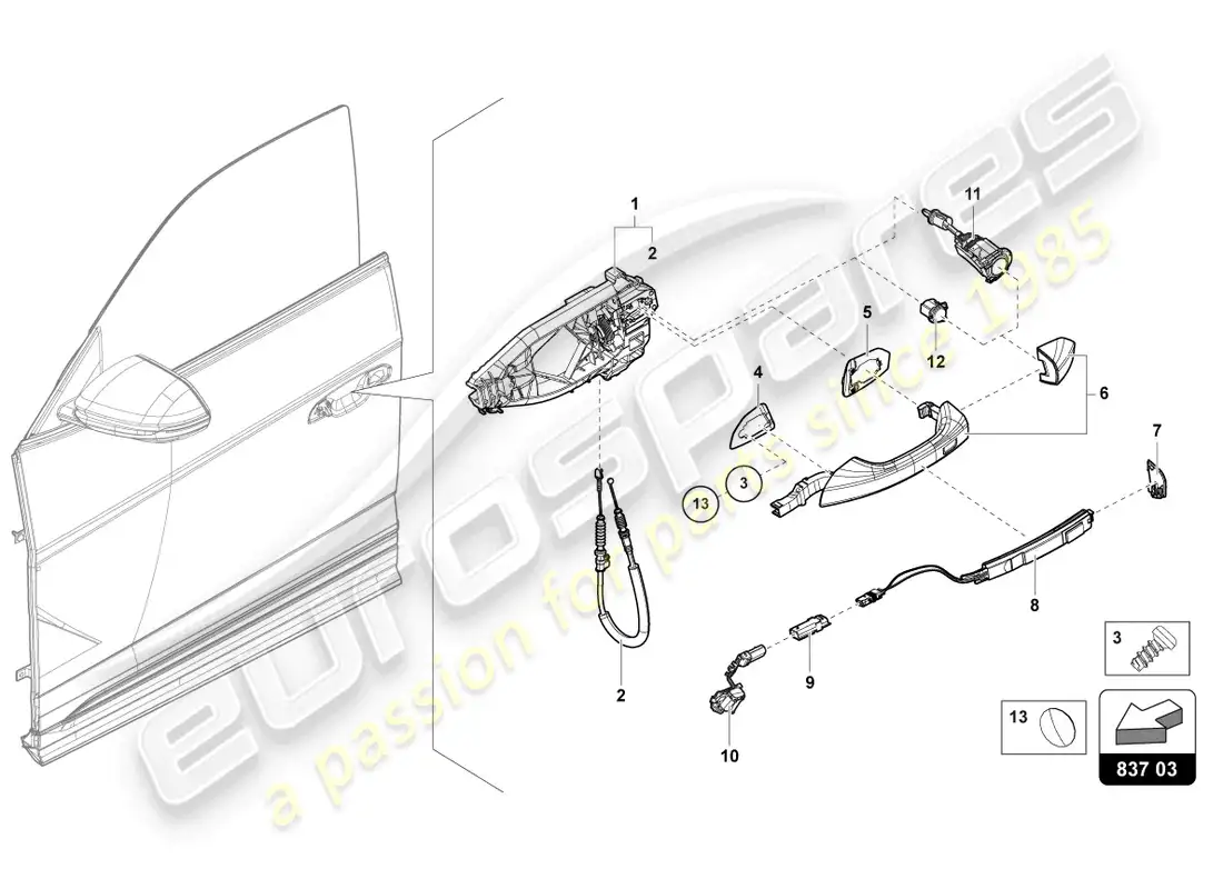 lamborghini urus (2022) manija de puerta delantera exterior diagrama de piezas