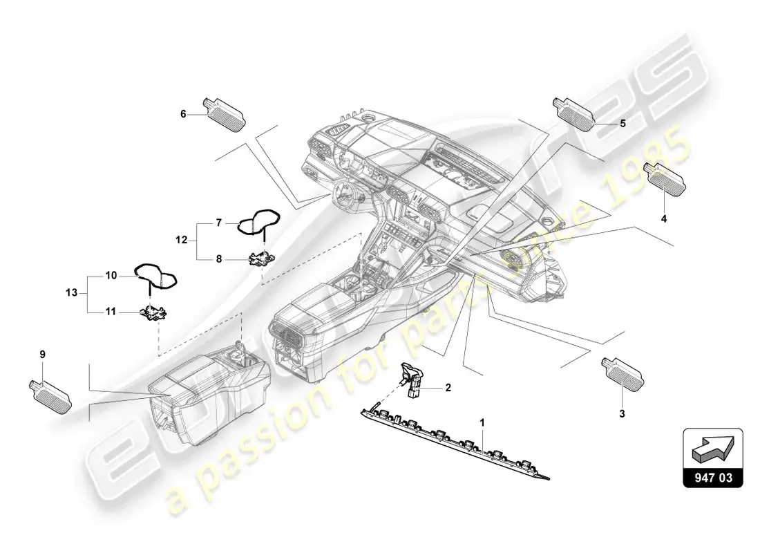 lamborghini urus (2021) iluminación para consola central diagrama de piezas